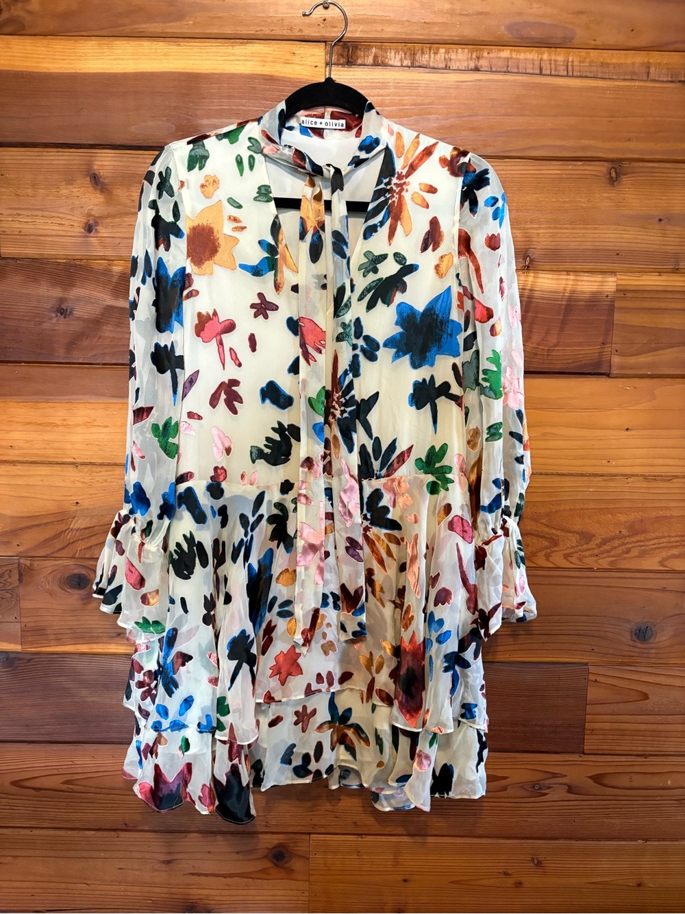 Alice + Olivia Ivory Floral Watercolor Tie-Neck Dress